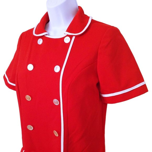 Vintage 60s-70s Uniform Dress Waitress Service -M(8) Knit Polyester Red White - Picture 4 of 10